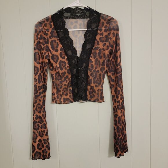 Y2K Womens Cropped Mesh Top Size Medium Leopard Print Lace Trim Button Up Bell - Picture 1 of 7